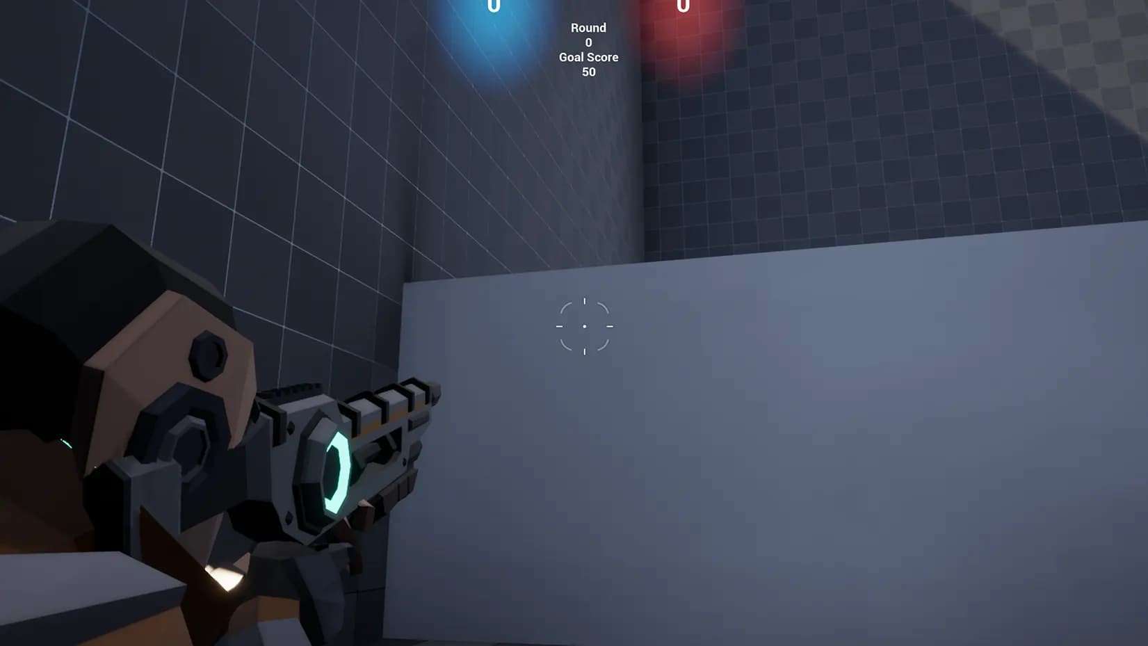 The Player Character aiming a weapon at a wall. A weapon Crosshair, a rounded circle with four
lines at each 90 degres inside the rounded circle, can be seen in the center of the
screen