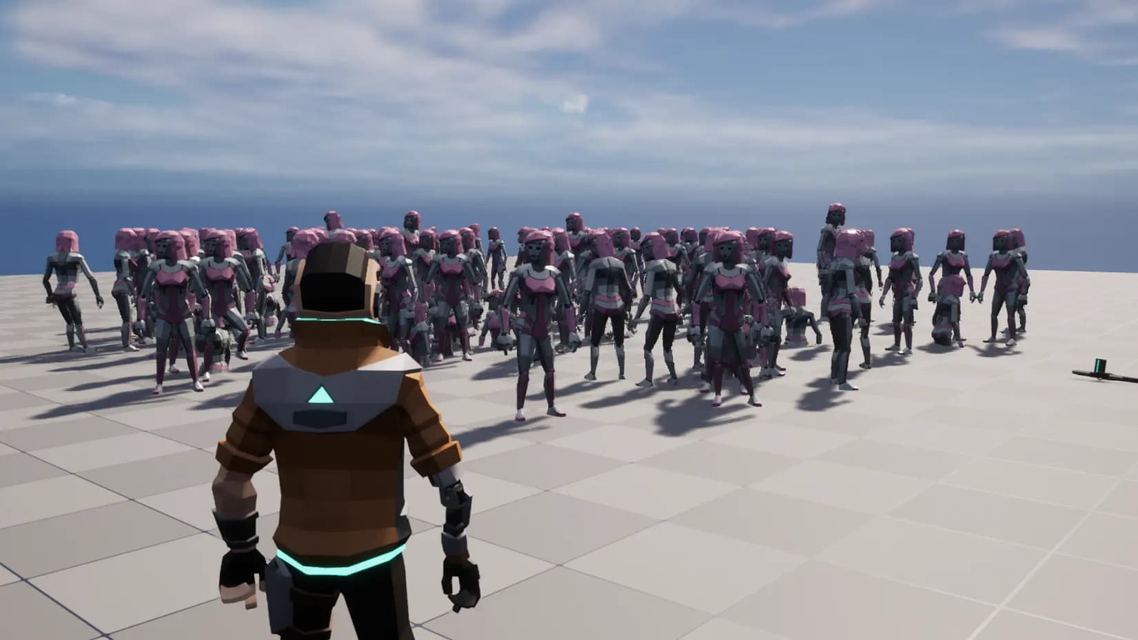 The Player standing on a platform, infront of him the is 10s of the exact same NPC character,
all standing around.