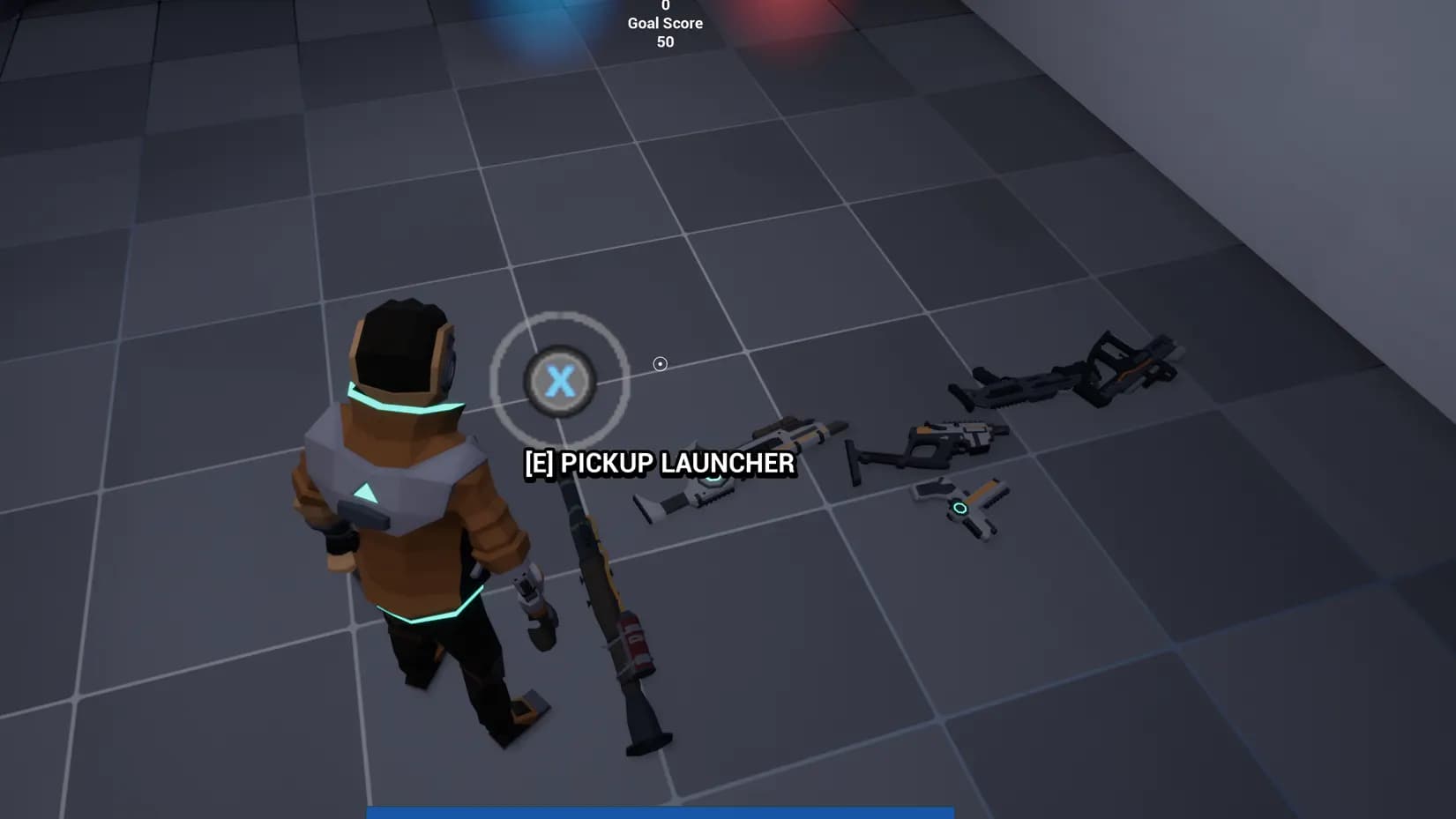 A low poly Character looking at a weapon on the ground, a floating UI element is above it
showing the player that they can pick up the
weapon.